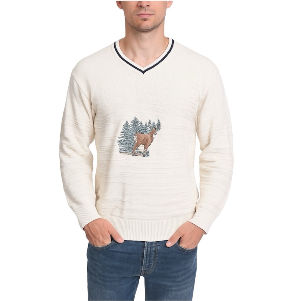 Vintage Penmans Ivory‎ Cotton V-Neck Sweater Timeless embroidered Forrest scene
